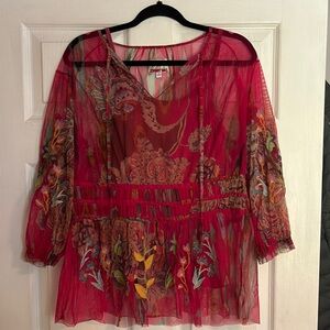 Johnny Was red Embellished Sheer mesh Blouse with 3/4 Sleeves